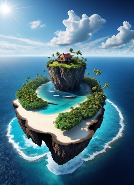 HDR photo of (Dramatic Professional 3D rendering:1.3) of (Ultrarealistic:1.3),(Evil:1.3) there is a small island with a house on it in the middle of the ocean, epic matte painting of an island, island background, myst island, 4 k hd wallpaper very detailed, floating island, island with cave, high quality desktop wallpaper, 4k highly detailed digital art, flying island, 4 k hd wallpaper illustration, floating and flying island, beautiful digital artwork, tree, no humans, sky, cloud, scenery, outdoors, water, bird, day, ocean, palm tree, building, blue sky, island <lora:juggernautXL_version1.FFai.lora_1:0.61> Paper quilling art of Intricate, delicate, curling, rolling, shaping, coiling, loops, 3D, dimensional, ornamental,CGSociety,ArtStation,(Electric Colors:1.3) . High dynamic range, vivid, rich details, clear shadows and highlights, realistic, intense, enhanced contrast, highly detailed