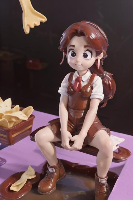 claymation, 80's anime style,  School
 <lora:TFMJellyMage:0.8> JellyMage sitting on a desk in class, eating a bag of chips, wearing a school uniform, dripping, puddle, very long ponytail