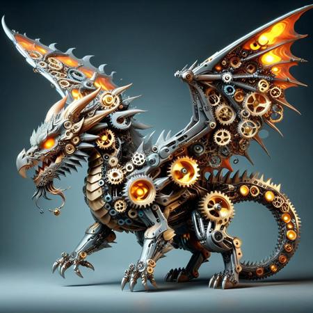 a dragon sculpted from overlapping gears in various alloys, wings rotating on exposed piston hinges, jaw clicking open with rotary precision, tail composed of segmented crankshafts, eyes glowing with thermal coils, g3ars, made out of gears