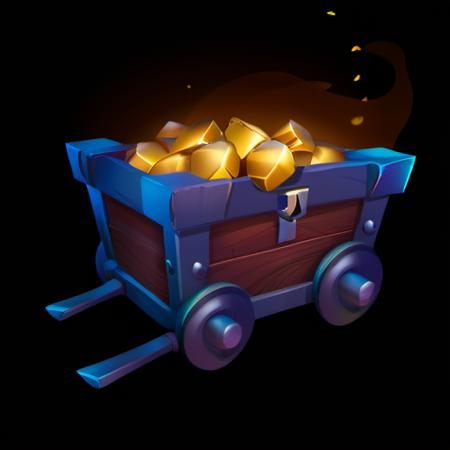 <lora:Game Icon InstituteXL1:1>,(masterpiece, top quality, best quality, official art, beautiful and aesthetic:1.2),(8k, best quality, masterpiece:1.2),a cartoon style wooden box with gold coins in it on wheels, on a black background with a fire, simple_background, gradient, gradient_background, no_humans, black_background, ground_vehicle, gem, motor_vehicle, brown_background, still_life, wheel, treasure_chest