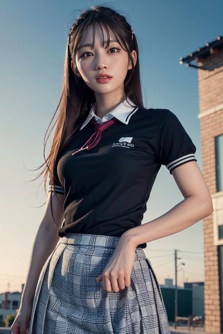 egsihyeon, school, (day:1.1), RAW,(8k, best quality, masterpiece:1.2),(intricate details:1.4),(photorealistic:1.4),octane render, complex 3d render ultra detailed, studio soft light, rim light, vibrant details, ultra detailed, realistic skin texture, detailed face, beautiful detailed eyes, extremely detailed CG unity 8k wallpaper, makeup, (detailed background:1.2), (cowboy shot:1.2),(perfect anatomy:1.2),(wide hip:1.1),(school uniform:1.2), <lora:egsihyeon-v1:1>