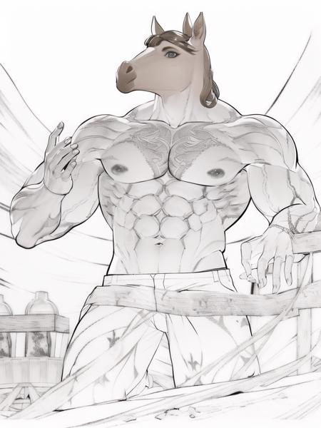 (Fottenye:1.1), (a man:1.1), (wearing a brown horse head:1.2), (shirtless:1.2), gigachad, flexing, lean, 8k resolution, extremely detailed, beautiful, establishing shot, artistic, hyperrealistic, fantasy, octane render, cinematic lighting, dramatic lighting, masterpiece,  
monochrome, lineart, 
<lora:char1_5Fottenye:0.6> <lora:style1_5animeLineartStyle_v20Offset:1.3>