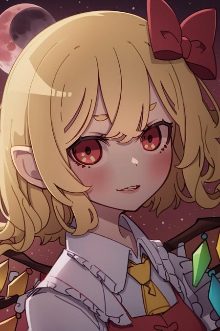 1girl, km, (flandre scarlet:1.2), (close-up, intricately detailed face and eyes, face focus, portrait:1.1), red leaves, (red moon, red sky), night, moon ray, (snowy field), (atmospheric lighting:1.1), moonrays