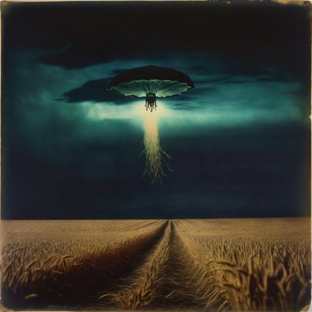 antique photograph taken by David Cronenberg, abstract non-physical entity of terrifying ominous colors, hovering above an abandoned wheat field, night, inner light, sinister, style of h.p. lovecraft