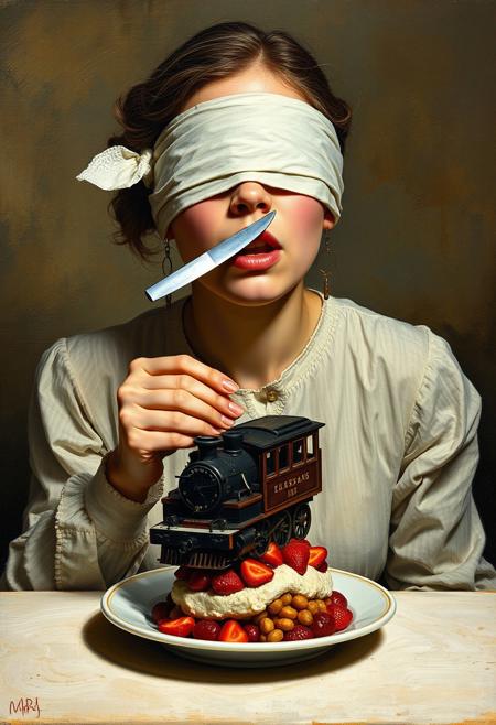 blindfolded woman is eating train model that is on a dish with folk and knife, in oil paintings, from front,