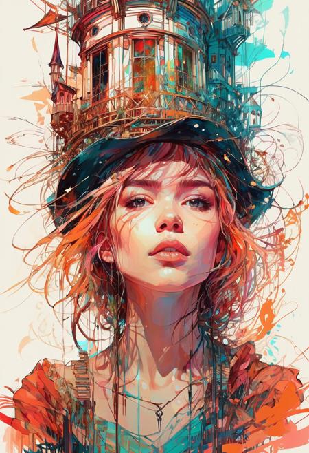 Abstract style a young witch in her tower| centered| key visual| intricate| highly detailed| breathtaking beauty| precise lineart| vibrant| comprehensive cinematic| Carne Griffiths| Conrad Roset . Non-representational, colors and shapes, expression of feelings, imaginative, highly detailed