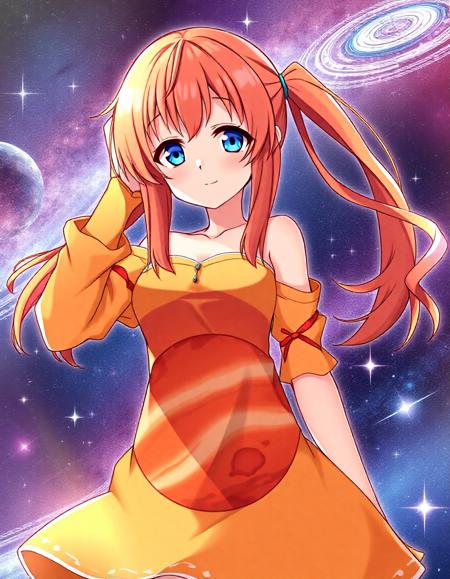 anime illustration, 30yo, age 30, adult, woman, small breasts, orange hair, twintails, (cosplaying as the planet mars:1.2), wearing an orange (dress with a large picture of the planet mars:1.2), nose, smile, looking at viewer, space background, starts, newest, masterpiece, best quality