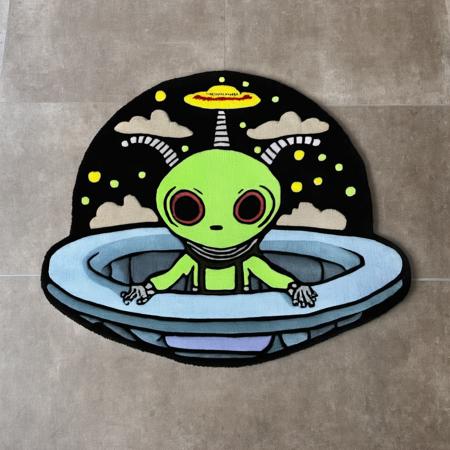 <lora:tufted_rug_style_xl_v1:1> an alien riding a ufo, tufted rug style