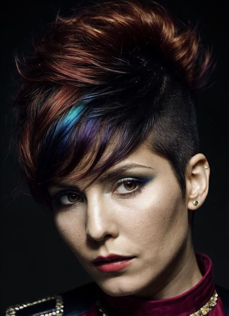 portrait of sks woman by Flora Borsi, style by Flora Borsi, bold, bright colours, rainbow Mohawk haircut, ((Flora Borsi)), <lora:locon_noomirapace_v1_from_v1_64_32:1>