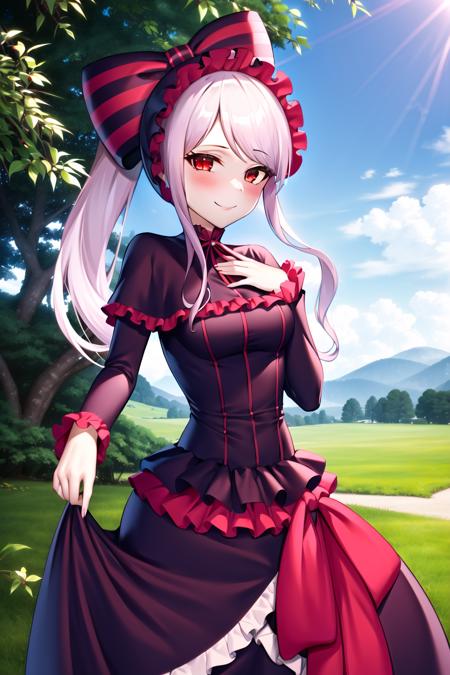 shalltear bloodfallen, casual dress, 1girl, solo, red eyes, smile, dress, long hair