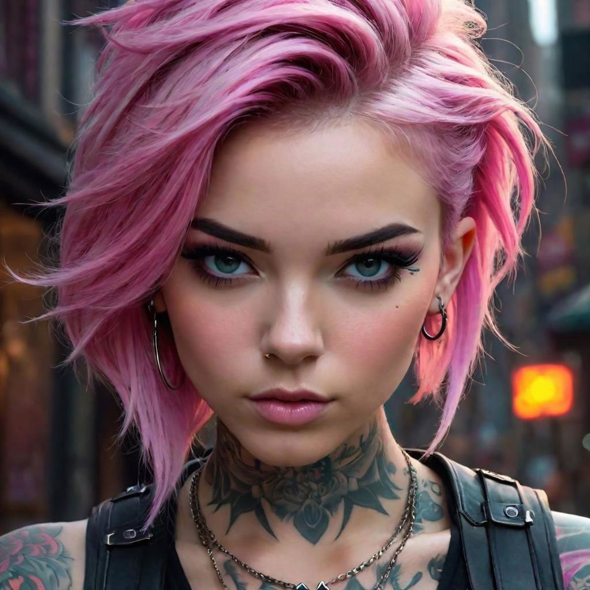 A young woman with pink hair, tattoos, and piercings wearing a black leather jacket and a necklace.