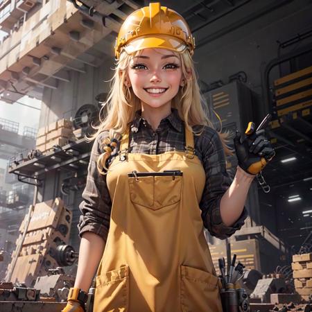 <lora:ConstructionyardAI:.91>, ConstructionyardAI smiling female worker, blonde