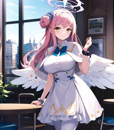 extremely best quality,ultra highly detailed,mika,1girl,cowboy shot:1.2,pink hair,long hair,yellow eyes,((white dress,single side bun,angel wings,wrist scrunchie,white capelet,white pantyhose,blue bowtie,halo,hair flower,large breasts)),smile,BREAK
highly detailed,indoor,cafe,romantic,blue sky,noon,looking at viewer,