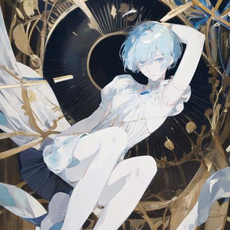 masterpiece, best quality, 1other, short hair, phosphophyllite, blue hair, blue eyes, androgynous, solo, golden arms, bangs, blunt bangs, looking at viewer, gold, white eyes <lora:gem:1>