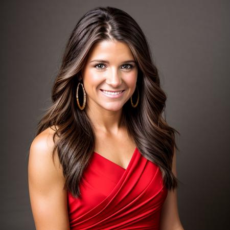 a Realistic portrait of a danica patrick woman with brown eyes and long brown Hair style, looking at the viewer, detailed face, detailed eyes, smiling, perfect slim body, modelshoot style, hand on own shoulder, wearing a red dress, wearing gold earrings and jewelry, soft lighting, professional Photography, Photorealistic, detailed, standing in a dark Studio Room background, blurred background, RAW, analog, sharp focus, 8k, HD, DSLR, high quality, Fujifilm XT3, film grain, award winning, masterpiece
<lora:danica patrick v1.2:1>