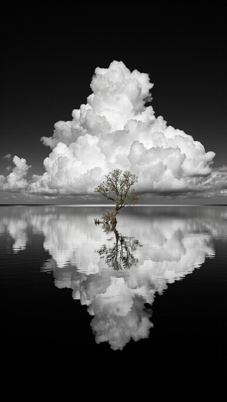 A single with tree sparse green foliage standing in calm water, with a mirror reflection on the lake's surface, with both the tree and its inverted reflection Hosting the only color in the monochromatic black and white composition. Massive cumulus clouds tower behind the tree against a dark sky, also reflected in the water below. 