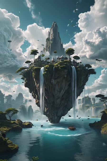 A surreal dreamscape where the laws of physics don't apply. Floating islands with impossible geometries, gravity-defying waterfalls, and giant, swirling clouds fill the scene. Otherworldly beings with abstract, flowing forms move gracefully through this fantastical realm. 8K