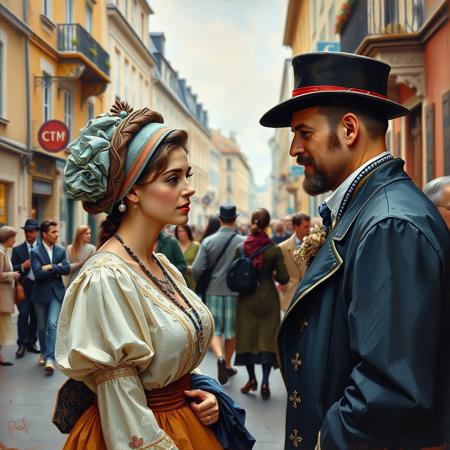 Masterpiece, Impressionist painting of man talking to woman on a busy street in a bygone era in Europe. Traditional clothing, beautiful profiles, traditional headware, impressionism