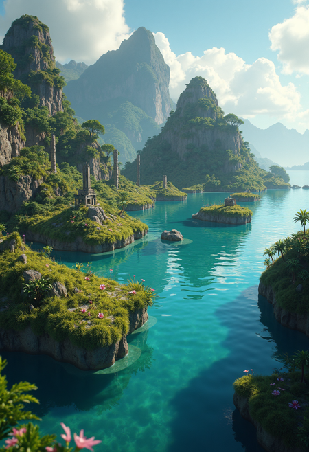 Create a highly detailed,photorealistic image of a peculiar alien world,covered entirely of water. Just above the surface are beautiful islands with various grasses,flowers,trees and other exotic plants. Looking closer at the islands,one can see the ruins of a long lost civilization - totems,temples and other ancient artifacts are littered throughout the islands. A magical,beautiful sight.,