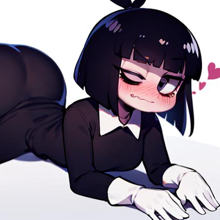 Susie, short hair, bags under eyes, right eye half closed, wavy mouth,  black eyeliner,  laying down, blush, heart bubble, thick butt,
SuDr, tight long  black dress with white collar, long sleeves, long white gloves, black hair ribbon, 
(insanely detailed, beautiful detailed face, masterpiece, best quality) <lora:Susie-10:0.8>