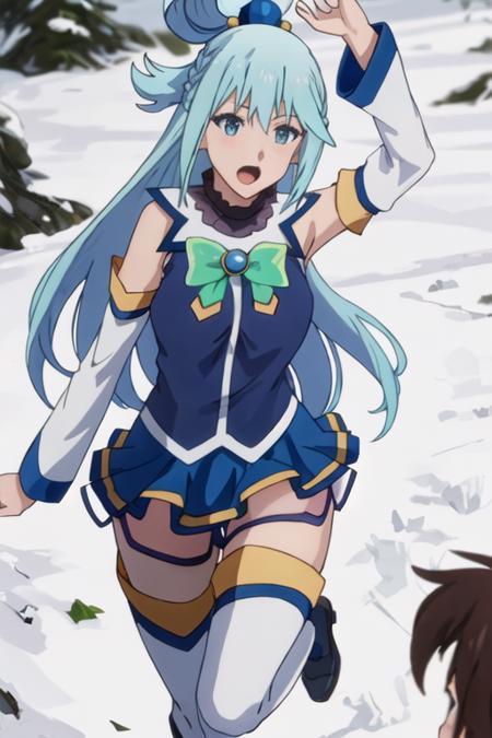 best quality, masterpiece, highres, solo, {aqua_konosuba:1.15}, long_hair, blue_hair, hair_ornament, hair_rings, blue_eyes, open_mouth, bow, green_bow, single_hair_ring, 1girl, detached_sleeves, anime_coloring, bare_shoulders