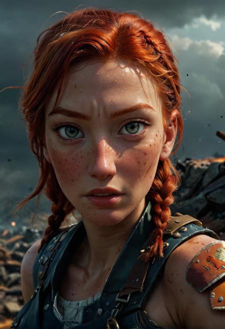 A beautiful Post-apocalyptic Soviet Warrior soldier girl with braided red hair stands defiantly amidst a raging storm on a desolate battlefield. Her combat soviet unform is intricately detailed and reflects the flickering light of distant fires. The light of battle illuminates her determined expression as she prepares to face the dark enemy. The scene is reminiscent of a Greg Rutkowski concept art piece, realistic pale freckled face covered in blood, with dramatic lighting and a dark, curvy, looking at viewer, gritty atmosphere, enhanced by ultra-detailed raytracing reflections and a color palette dominated by blues, beautiful firm body, girl athletic figure, oranges, and greens, attractive 21 years old girl, Medium shot, A Post-apocalyptic Soviet warrior soldier girl with red hair stands on a battlefield, Post-apocalyptic war, intricately detailed combat soviet uniform clothing, Close up. Dark sci-fi art style, cinematic lightning, Reflections of fire dance on armor, Moody stormy lighting. Blues, oranges, greens color palette. Ultra-detailed. Raytracing reflections. High contrast. Cinematic film still. Best quality, Masterpiece


  

