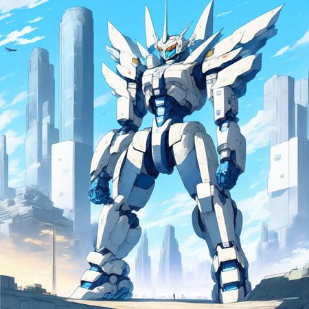 anime Mobile Suit gundam, Mecha standing in an Advanced Cityscape (GundamCityscape style:1) <lora:djzGundamCityscape:0.8)