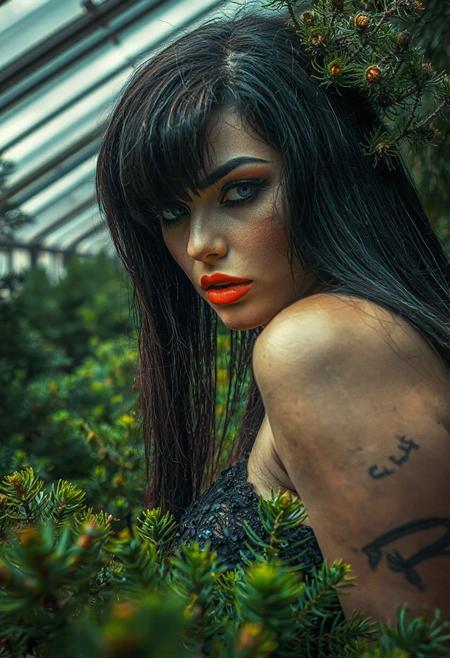 realistic, masterpiece, HDR, 4K, hybrid creature, mutation, dynamic angle, fierce, hybrid fir needles fusion of a voluptuous straight dark haired woman with fir needles-like growths, abandoned greenhouse, overgrown foliage, bioluminescent pines, intense expression, vibrant colors, in this place nature's elegance reigns supreme.