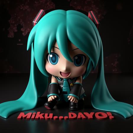 A realistic photograph of MikuDayo, a chibi doll with long aqua hair and aqua eyes.