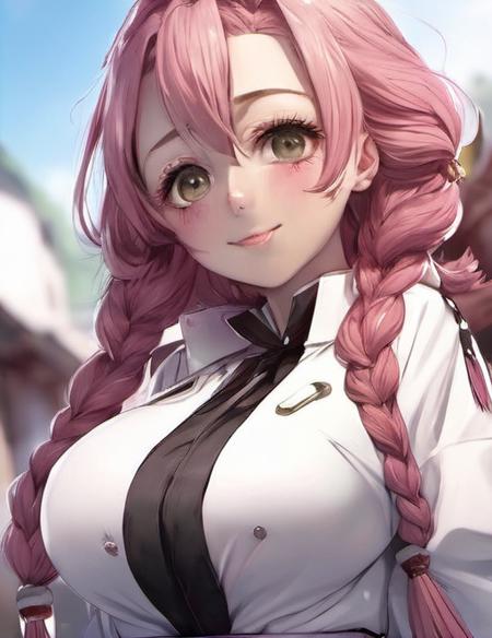 (masterpiece:1.4),best quality, 1girl, (huge breasts:1.3), , hyperdetailed, adult, mature, woman, blush,<lora:mmitsuri1:1>,mmitsuri, demon slayer uniform, white jacket, full body