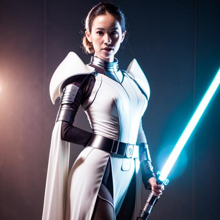 photo, woman with a sci - fi outfit holding a light saber (ghostshell style:1)  <lora:djzGhostShellV21:0.8>