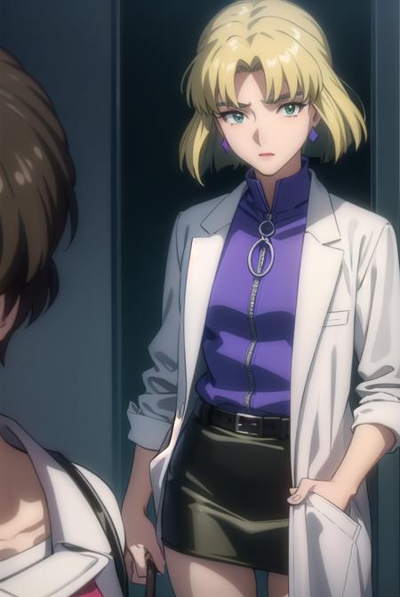 ritsukoakagi, <lora:ritsuko akagi rebuild-lora-nochekaiser:1>,
ritsuko akagi, short hair, blonde hair, mole, mole under eye, (parted bangs:1.5), (green eyes:1.5),
BREAK lipstick, skirt, jewelry, pantyhose, earrings, belt, pencil skirt, labcoat, shirt, purple shirt, turtleneck, zipper,
BREAK indoors, laboratory,
BREAK looking at viewer, (cowboy shot:1.5),
BREAK <lyco:GoodHands-beta2:1>, (masterpiece:1.2), best quality, high resolution, unity 8k wallpaper, (illustration:0.8), (beautiful detailed eyes:1.6), extremely detailed face, perfect lighting, extremely detailed CG, (perfect hands, perfect anatomy),