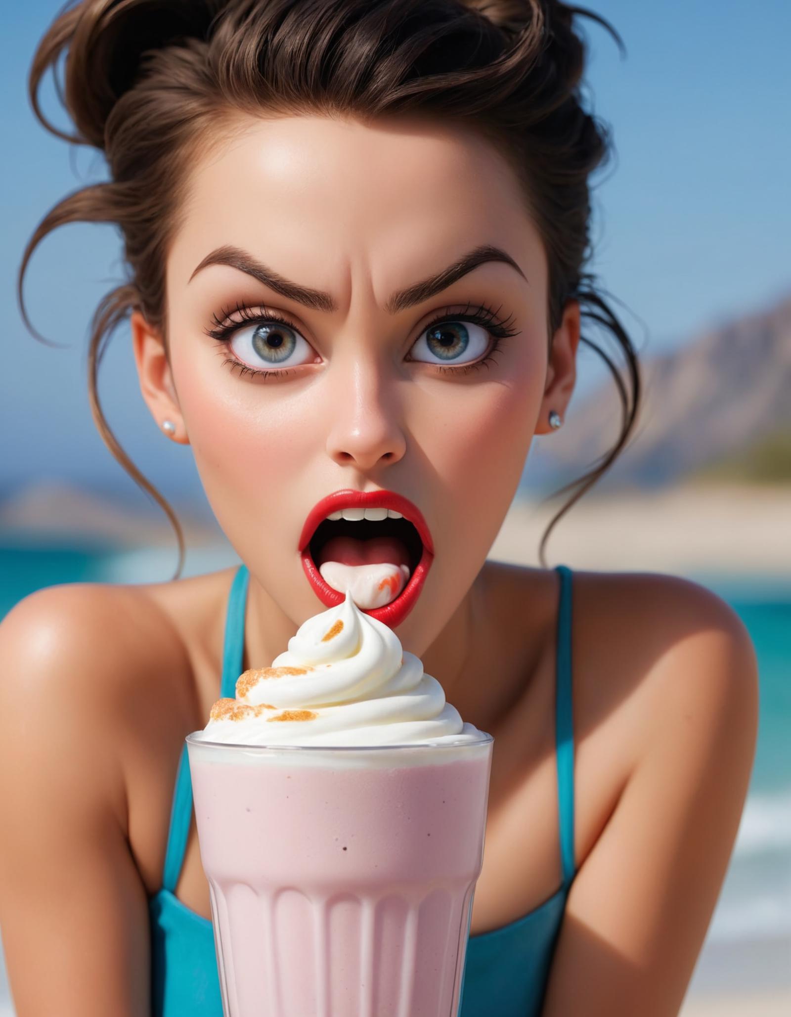 A Woman in a Blue Tank Top Eating Ice Cream with Whipped Cream on a Beach