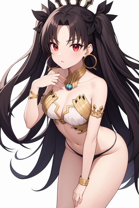 ishtar,ishtar \(fate\),long hair,jewelry,red eyes,earrings,two side up,hoop earrings,black hair,bare shoulders,single thighhigh,bangs,armlet,ribbon,parted bangs,