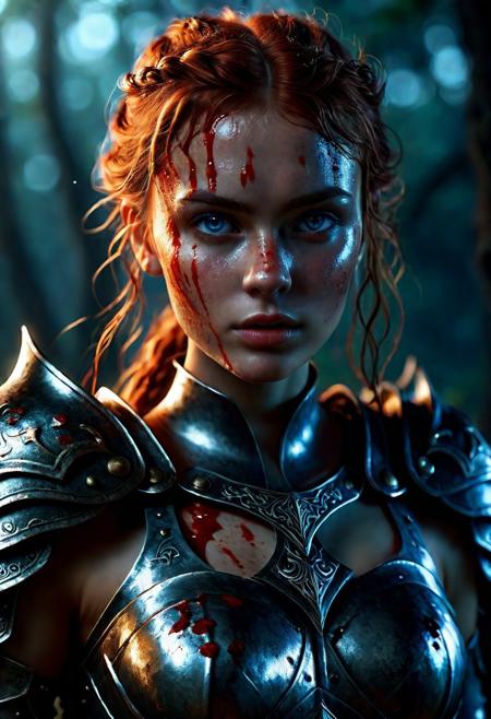 Ultra detailed digital art masterpiece Warrior girl dressed in a iron Armor, Standing on a battlefield at the head of an army of knights, where a bloody slaughter is taking place, standing in battle pose, a dark epic fantasy, perfect lighting, beautiful  Sadie Sink as Warrior girl, attractive woman, elegant, sinewy athletic body, unreal engine 5 nanite quality, mixed with dark elements, dark environment, very stormy night, clean dark velour witch clothing, LOTR style, dark washed out eyeliner, no make up, natural bloody face, realistic blue eyes, ultra detailed atmospheric details, beautiful glowing effects, sparkle effects, realistic body proportions, beautiful face proportions, complex masterpiece, wavy red hair, creative glowing detailed tattoos, complex physics, enhanced colors, complimentary colors, ultra detailed raytracing reflections, Ultra detailed complex background, environment feels alive, direct eye contact, dramatic lighting, wet and sweaty skin, beautiful firm Breasts, Concept art portrait by Greg Rutkowski, adding to the intense and dynamic atmosphere of the scene.