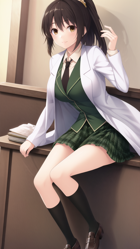 shiguma_rika, 1girl, solo, long hair, looking at viewer, smile, skirt, brown hair, hair ornament, brown eyes, school uniform, ponytail, pleated skirt, necktie, glasses, shoes, socks, book, plaid, kneehighs, plaid skirt, scrunchie, green skirt, black socks, loafers, labcoat, st. chronica academy school uniform,