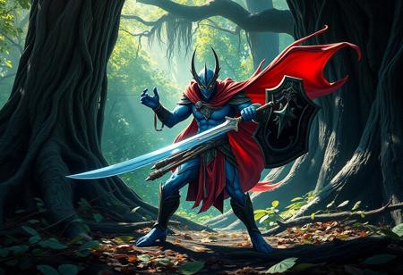 expert An intricate A vibrant blue and green Abyss Warrior with a flowing red cape stands dynamically in a verdant forest, ready for battle. Sword gleams in dappled sunlight, shield raised. Forest floor of leaves & twigs, rough tree trunk background. Epic composition, powerful action pose, dramatic lighting. Splash Ink Illustration, Octane Render, Unreal Engine 5, cinematic, trending on Artstation. High detail, stunning colors.