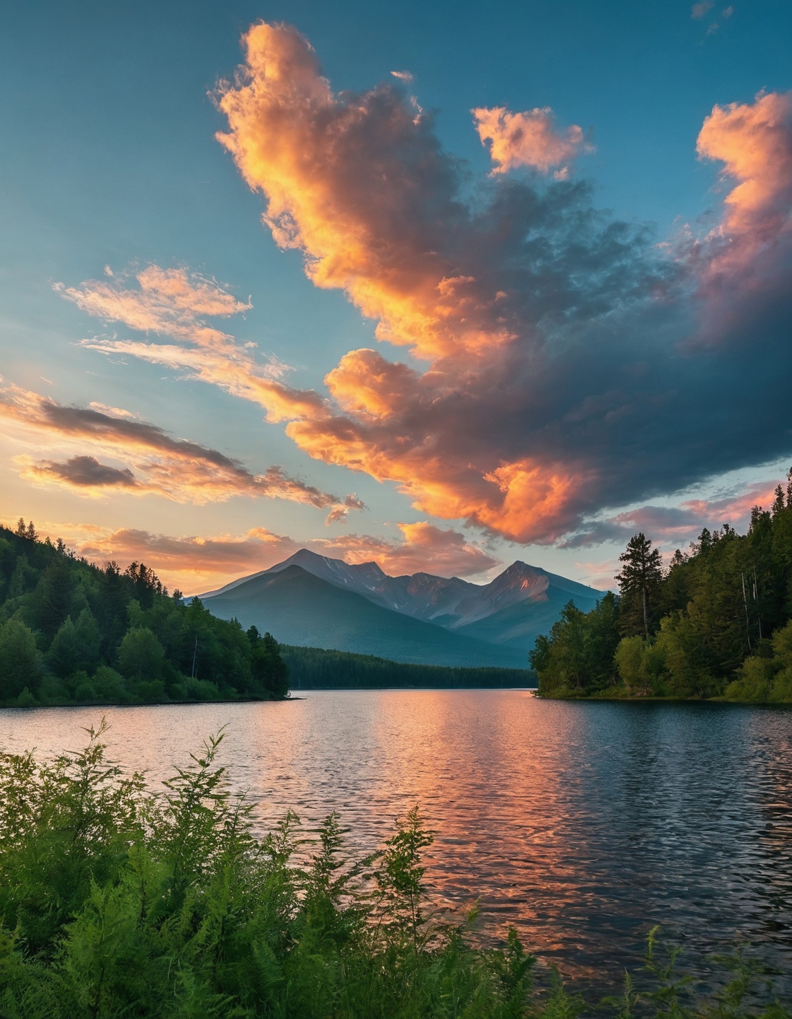 photo of summer landscape, lake, forest, mountains, sunset, clouds, wind