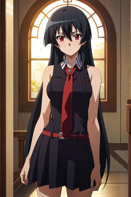 <lora:anime_screencap_v2:0.3> tall body, tall, long legs, mature female, mature, adult, <lora:GoodHands-beta2:1.4>, simple background, indoors
 <lora:eft_akame_akame:0.8> Eft_akame_akame, 1girl, solo, black hair, red eyes, long hair, necktie, red necktie, sleeveless, looking at viewer, bare shoulders, hair between eyes, sleeveless shirt, anime coloring, expressionless, closed mouth, shirt, bangs, indoors, black skirt