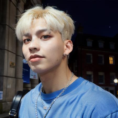 masterpiece, bestquality, ultra highres,8k resolution, realistic, ultra-detailed, sharp focus, RAW-photo,
GON, kpop idol, earrings, jewelry, necklace, blue shirt, cityscape, sunlight, outside a church, night, outdoors, hyper realistic texture human skin,

 <lora:GON:0.75>