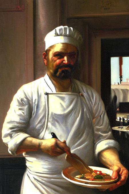 oil painting of a chef cooking in a starred restaurant,  stopped, looking at viewer <lora:bouguereau-01:0.75> bgrtpainting, outdoors,