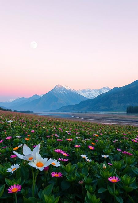 a fantasy world with a vast field where flowers are vibrant with green foliage, sky is light pink, three moons in the sky. Color scheme includes pink, blue and violet. Mountains in the background. A river flowing by. Hyperrealistic.