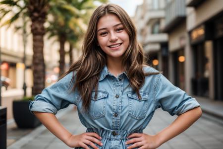 photo of a 18 year old girl,happy,laughing,hands on hips,looking at viewer,denim shirt,ray tracing,detail shadow,shot on Fujifilm X-T4,85mm f1.2,sharp focus,depth of field,blurry background,bokeh,lens flare,motion blur,<lora:add_detail:1>,