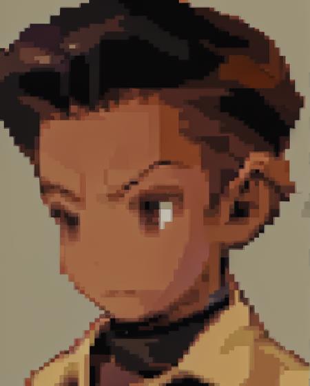 <lora:Final Fantasy Tactics Portraits V1:0.95> final_fantasy_tactics_portrait, pale orange background, no_nose, portrait,   <lora:Huey_Freeman:0.5> huey freeman, male focus, afro, 1boy, solo, dark skin, black hair, dark-skinned male, shirt, brown eyes, pants, looking at viewer, male child, big hair