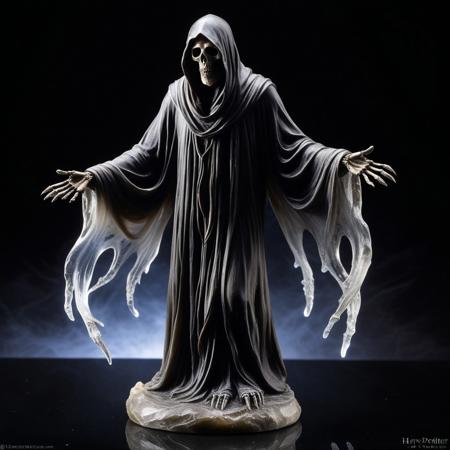 High-resolution image of a crystal figurine depicting a dementor from Harry Potter. The figurine is crafted entirely from translucent, smoky crystal, with intricate details capturing the flowing, tattered robes and the eerie, hollow face. Light passes through the crystal, casting ghostly shadows and refracting into subtle, mystical glows. The dementor's form appears both solid and ethereal, with sharp, faceted edges on the robes and smooth, polished surfaces on the skeletal hands. The figurine is set against a dark, velvety background, with dramatic lighting enhancing the haunting and magical aura of the piece. The style is hyper-realistic, focusing on the interplay of light and crystal, creating a sense of both beauty and dread. cs-cr1stal-v2