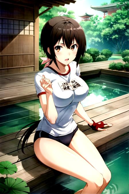 1girl, Musubi a woman with brown ponytail hair in a white training outfit, wearing red gloves, brown eyes, best quality, absurdres, looking at viewer, outdoors, japanese temple, garden pond, lotus pond pink lotus flower, solo focus, soft lighting