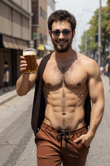 best_quality, masterpiece, 1man, brown_haori, brown_sport_pants, dark_glasses, short_hair, bare_belly, anchord_beard, holding_beer, (happy_face:1.3), <lora:Taizou_Hasegawa_MADAO:1>,