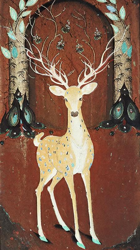 Duohuan,Nine_Colored_Deer,(illustration:1.1),(bestquality),(masterpiece:1.1),no humans,red background,antlers,painting \(medium\),animal focus,animal,
<lora:Dunhuang V2.0-000009:1>,