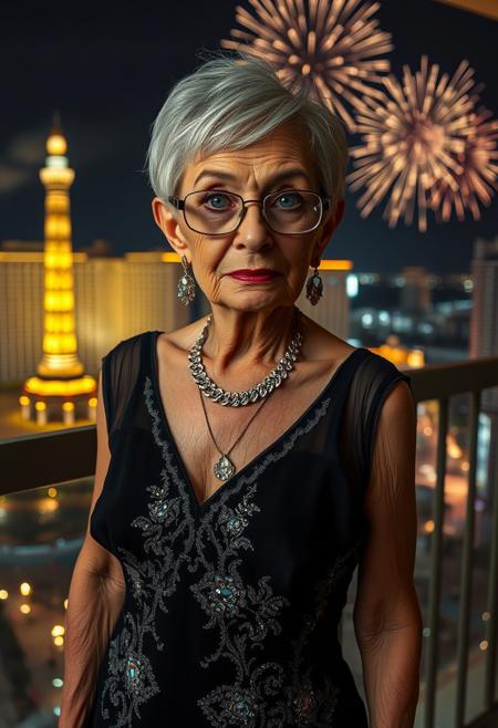 masterpiece, amazing quality, detailed cinematic image, photorealistic front portrait, directional lighting.
photo of a thin, elderly woman with wrinkles, silver haired pixie haircut, reading glasses, wearing an elegant bedazzled evening gown, earrings, necklaces, lace stockings, high heels, hotel balcony overlooking Las Vegas at night, city lighting. 
Perfect Composition, photorealistic image, highest quality, masterpiece, ultra 8k, directional lighting, highly detailed face, high contrast, fireworks explode over the las vegas skyline.