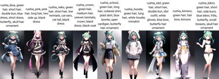 2d, masterpiece, best quality, anime, highly detailed face, highly detailed eyes, highly detailed background, perfect lighting, full body, 1girl, solo, rushia_blue, green hair, short hair, double bun, blue dress, short dress, butterfly, skull hair ornament, standing, (straight-on), smile, grey background <lora:rushia-05:1>